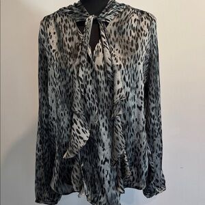 New York & Company Black and Gray Patterned Tie Neck Blouse Size Medium